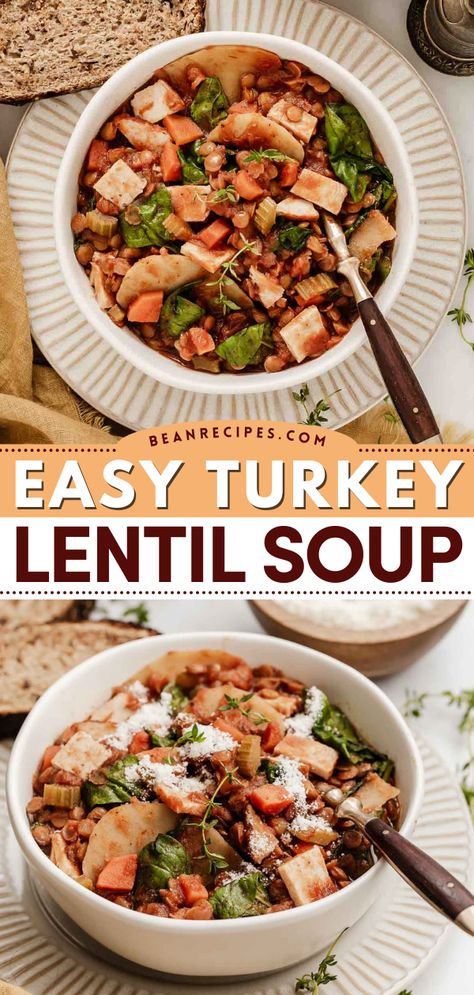 The perfect recipe for leftover turkey! Whether you're looking for a lunch idea or an easy dinner idea for tonight, this leftover turkey soup recipe will fill you up! Save this turkey lentil soup for a comfort food you will never forget! Easy Soup Ideas, Bean Soup Mix Recipe, Turkey Lentil Soup, Turkey Lentil, Turkey Soup Recipes, Best Lentil Recipes, Easy Bean Recipes, Healthy Main Meals, Leftover Turkey Soup