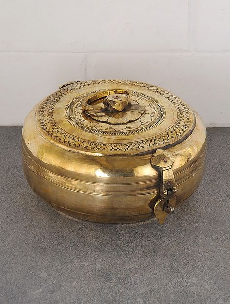 Vintage Brass Round Box with Handle 9.5in x 8.1in x 4in on Jaypore.com Indian Brass Decor, Brass Plates For Pooja, Brass Items For Pooja, Brass Planters Indian, Indian Inspired Decor, Brass Idols Indian Homes, Vintage Wine Glass, Antique Hand Tools, Vintage Brass Decor