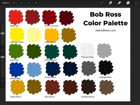 Download a Bob Ross color palette to use with Procreate. This easy to use color palette is perfect for creating happy little trees. #Procreate #ProcreateSwatches Bob Ross Color Palette, Bob Ross Easy Painting, Bob Ross Paintings Tutorials Easy, Procreate Pallets, Bob Ross Paintings All Together, Bob Ross Tutorial, Paint Like Bob Ross, Bob Ross Episodes, Womens Circle