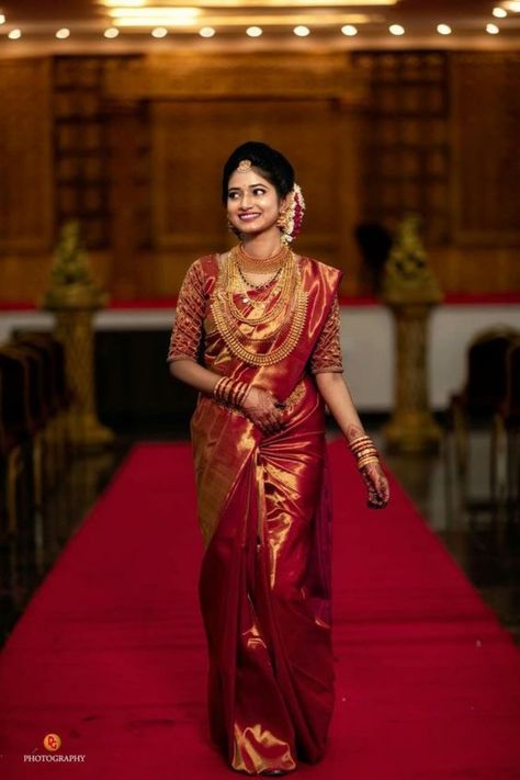 Kanchipuram Silk Saree Wedding Brides Indian Bridal Red, Maroon Bridal Saree South Indian, Red Kanchipuram Saree Bride, Kerala Silk Saree, Muhurtham Hairstyle, Red Bridal Saree, Muhurtham Saree, Bride Stills, Marriage Saree