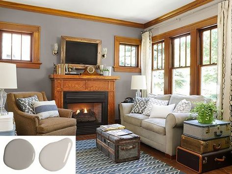 Many homeowners have stained woodwoork in their homes. Give your home an updated look with some paint color ideas for stained woodwork. Small Bungalow, Oak Trim, Room Paint Colors, Paint Colors For Living Room, Wood Trim, Room Remodeling, Living Room Colors, Craftsman House, A Living Room