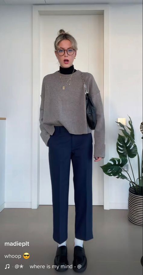 Formal Pants And Sweater Outfit, Blue Formal Pants Outfit For Women, Turtle Neck Outfit Office, Loafer School Outfit, Black Sweater White Pants, Hoodie To Work Outfit, Turtleneck Trousers Outfit, Loafers With Socks Outfit Work, Turtle Neck Outfit Formal