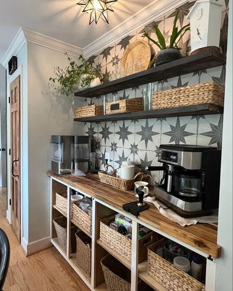 Coffee Area In Pantry, Coffee Bar And Storage Ideas, Closet Converted To Coffee Bar, Long Coffee Bar Ideas, Coffee Bar In Store, Recessed Coffee Bar, Baking Bar In Kitchen, Pantry Coffee Bar Ideas, Pantry Turned Into Bar