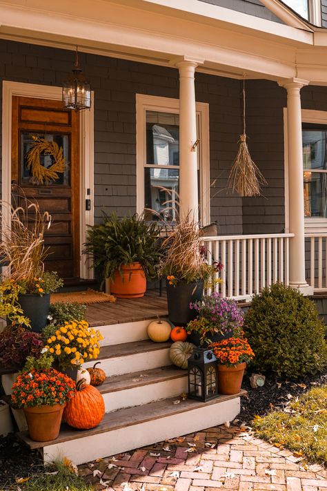 It's spooky season! We've been working on our front porch Halloween decorations. Read the blog post to see how we did these DIY Witch Brooms! Witches Broom Porch Decor, Moody Front Porch, Witch Protection Front Door, Front Door Wash Witchcraft, Front Porch Halloween Decorations, Witch Wreaths For Front Door Garage, Front Porch Halloween Ideas, Porch Halloween Decorations, Witchy Front Door Sign