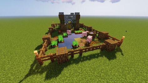 Minecraft Cow Pen Design, Cute Minecraft Pig Pen, Minecraft Pig Pen Design, Sheep Farm Minecraft Ideas, Pigsty Minecraft, Minecraft Pig Enclosure, Pig House Minecraft, Aesthetic Minecraft Animal Pen, Minecraft Pig Pen Ideas