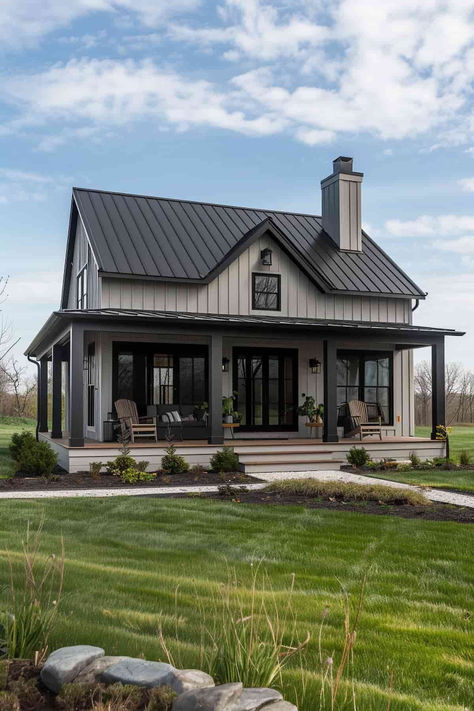 39 Classic Gray Houses with Black Trim Inspiration Barndominium House Colors, Black House With Black Windows, Dark Grey Painted Brick House, Grey And Black Barndominium Exterior, Dark Gray Farmhouse Exterior, Light Gray House Exterior, Grey Barndominium Exterior, Gray Houses With Black Trim, Gray House Black Trim