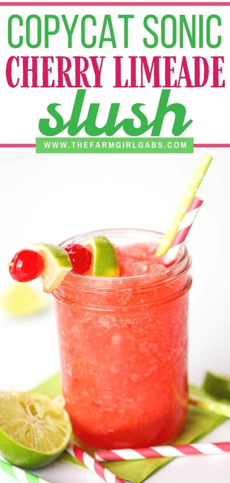 This Cherry Limeade Slush is a copycat recipe of your favorite Sonic Drive-In Drink. This drink recipe has the perfect balance of cherry and lime flavor. It is a perfect way to cool down and relax on a hot summer’s day. This slushie drink recipe will be a favorite kids' recipe. Drinking Ideas, Cherry Limeade Recipe, Sonic Cherry Limeade, Sonic Drinks, Limeade Recipe, Slush Recipes, Cherry Lemonade, Slushie Recipe, Cherry Limeade