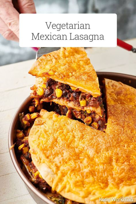 Vegetarian Mexican Lasagna / Tortillas are layered with a savory filling of beans, vegetables, and Mexican seasonings in an unusual twist on a lasagna. Mexican Lasagna With Tortillas, Casserole Lasagna, Mexican Lasagna Recipe, Mexican Lasagna Recipes, Mexican Lasagna, Canning Sweet Corn, Mexican Seasoning, Vegetarian Mexican, Meal Train Recipes