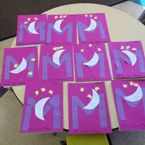 M craft m is for moon they did on Monday Letter M Learning Activities, M Is For Moon Craft, Letter M Preschool, Letter M Activities For Preschool, Preschool Letter M, Letter M Crafts, Letter M Activities, Preschool Letter Crafts, Prek Crafts