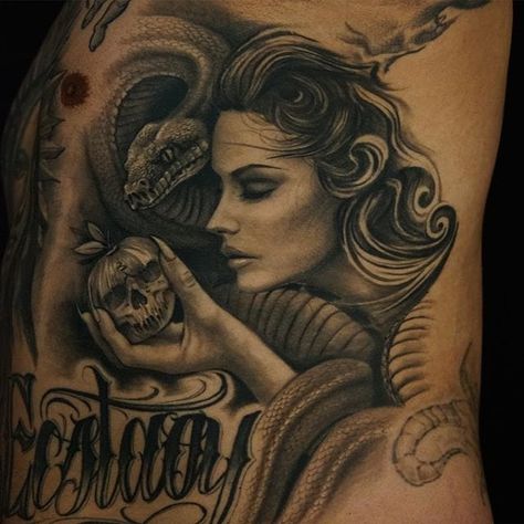 Eve, snake and the forbidden fruit. Tattoo by James Strickland. #realism #blackandgrey #JamesStrickland #eve #apple #snake #forbiddenfruit | Nov 6th 2016 | 262999 Eve Tattoo, Apple Tattoo, Biblical Tattoos, Fruit Tattoo, Nightmare Before Christmas Tattoo, Serpent Tattoo, Girl Face Tattoo, Blackout Tattoo, Biomechanical Tattoo