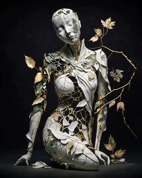 To forget, to fix, to repair. For all lost in memory, to be repaired with beauty. Shattered Person Art, A Level Art Sculpture, Kintsugi Character, Crumbling Statue, Broken Sculpture, Cracked Pottery, Kintsugi Aesthetic, Decaying Flowers, Beauty In Brokenness