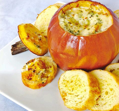 Baked Cheese-Stuffed Whole Pumpkin - Fresh Chef Experience Cheese Pumpkin Recipes, Gruyere Recipes, Pumpkin Slices, Baked Dip, Pumpkin Appetizers, Whole Pumpkin, Cream Cheese Pumpkin, Best Dip Recipes, Stuffed Pumpkin