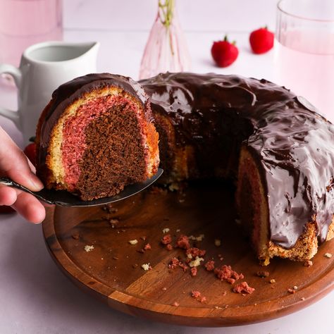 Neapolitan Bundt Cake Strawberry And Chocolate, Pink Food Coloring, Freeze Dried Strawberries, Pink Foods, Dried Strawberries, Dessert Ingredients, Pastry Brushes, Chocolate Glaze, Bittersweet Chocolate