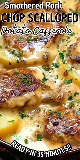 Easy Smothered Pork Chop Scalloped Potato Casserole Pork Chop Casserole Recipes, Scalloped Potato Casserole, Pork Chop Casserole, Smothered Pork Chops Recipe, Scalloped Potato, Pork Chops And Potatoes, Smothered Pork, Easy Pork Chops, Pork Chop Recipes Baked