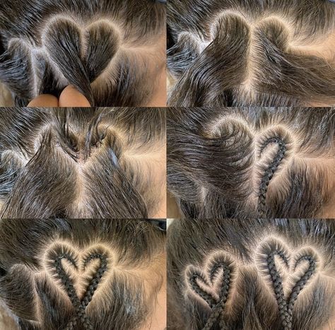 Cool Braid Designs, Braided Hairstyles With Added Hair, Braided Heart Tutorial, Women’s Cornrows, 4 Braids On Natural Hair, Heart Braided Hairstyles For Kids, Heart Braids Tutorial, How To Do A Heart Braid, Half Braided Hairstyles Natural Hair