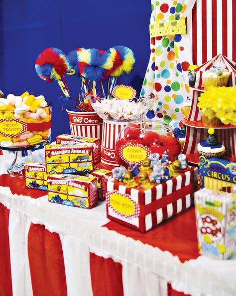 Carnival of Dreams {Circus Themed Birthday Party} Treat Table Ideas, Circus Party Ideas, Carnival Snacks, Carnival Candy, Circus Themed Party, Birthday Carnival, Circus Carnival Party, Treat Table, Clown Party