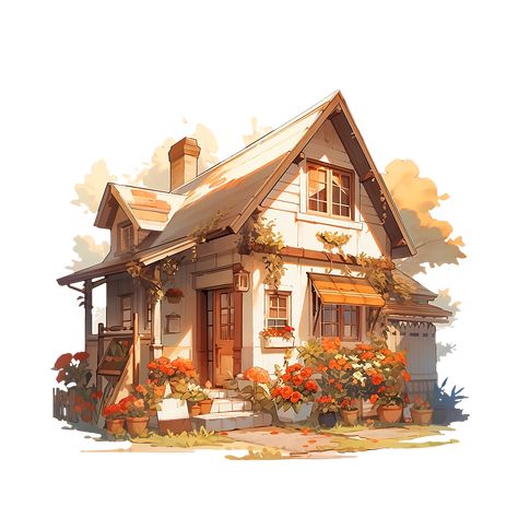 Cozy Cottage Filled with Summer Flowers in Rustic and Cottagecore Style Sticker Cottagecore Art Ideas, Cottage Concept Art, Cottage Drawing, Cottage Illustration, Cottage Images, Minecraft House Plans, Cottagecore Art, Lazy Summer Days, Cottage Aesthetic