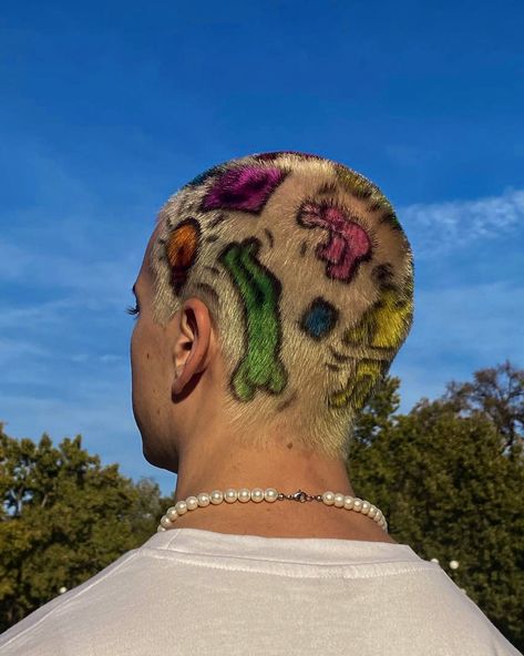 Buzzcut Colored Hair Design, Bleached Shaved Head Design, Buzz Bleached Hair Designs, Buzz Cut Dyed Hair Designs, Shaved Hair Dye Designs, Bleached Hair Designs, Colorful Buzzcut, Buzzcut With Designs, Dyed Buzzcut Design