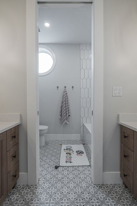 Vanity Between Shower And Toilet, Bathroom With Pocket Door Toilet, Bathroom With Private Shower And Toilet, Toilet Separate From Bathroom, Toilet Room Pocket Door, Bathroom With Separate Shower And Toilet, Bathroom With Door In Middle, Small Shared Bathroom Ideas, Separate Toilet Room Ideas