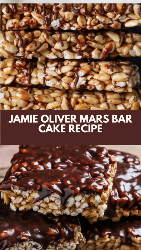 Jamie Oliver Mars Bar Cake is made with Mars Bars, butter or margarine, Rice Krispies, and milk chocolate. This easy Mars Bar Cake recipe creates a delicious dessert that takes about 20 minutes to prepare and can serve up to 12 people. The combination of gooey Mars Bars and crispy Rice Krispies is sure to be a hit! Mars Bar Recipes, Mars Bar Crispy Cake Recipe, Mars Bar Cake, Mars Bars, Bar Cake, Mars Bar, Crispy Rice, Chocolate Topping, Cookies And Cakes