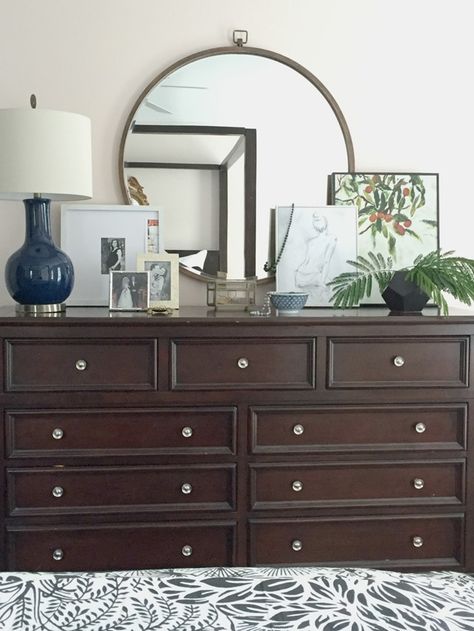 If You’re Going To Buy One Thing For Your Walls (The Best, Big Round Mirrors) Bedroom Dresser With Mirror, Dresser Top Decor, Bedroom Dresser Styling, Dresser Styling, Dresser Decor Bedroom, Country Hotel, Dresser Top, Bedroom Sideboard, Shabby Chic Dresser