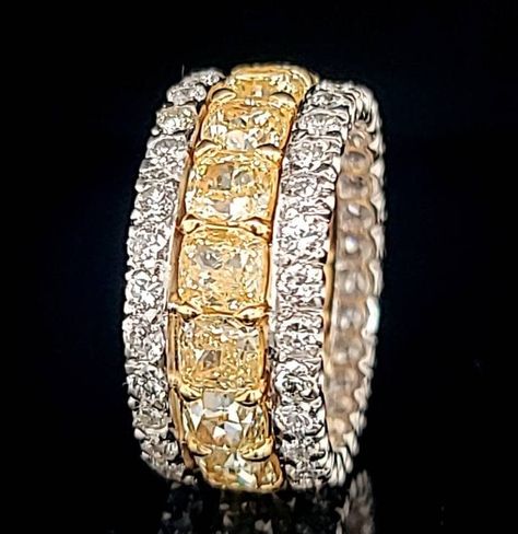 A gorgeous Brand New, 18k yellow gold & platinum ETERNITY BAND,  set with 16 well matched radiant cut diamonds.Approximate 9.16 carat total DIAMOND weight.  Color: Fancy intense yellow diamonds Clarity: SI1 Brilliant and very clean, full of fire and sparkle Cut: Very good - All diamonds are natural, not enhanced set side natural white diamonds 1.68ct H-VS Size 7 Retail Value: $55,000.00 A Certificate of Appraisal will accompany the band. Yellow Diamond Wedding Rings, Eternity Band Set, Gold Eternity Band, Yellow Diamond Ring, Yellow Diamonds, Yellow Diamond Rings, Unique Bands, Stackable Bands, Harry Winston