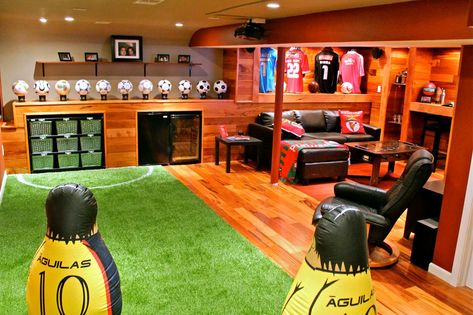 Small Sports Man Cave Ideas, Soccer Man Cave, Man Cave Theme Ideas, Sports Theme Man Cave, Man Cave Basement Sports, Man Cave Ideas Room Small Sports, Soccer Basement, Sports Man Cave Ideas, Mancave Sports Theme