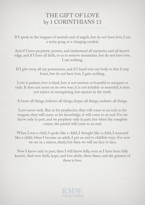 The Gift of Love - 1 Corinthians 13 Wedding Scripture, Wedding Ceremony Readings, Wedding Prayer, Wedding Readings, Wedding Poems, Boxing Quotes, 1 Corinthians 13, Wedding Quotes, Reading Ideas