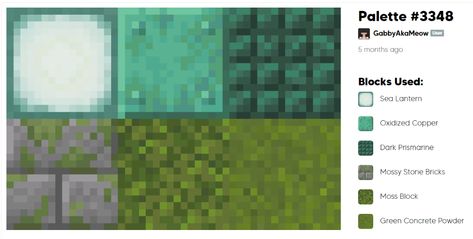 Minecraft Green Block Palette, Minecraft Colour Palette, Color Palette Minecraft, Minecraft Color Palette, Minecraft Palettes, Minecraft Block Palette, Block Pallets, Minecraft Building Guide, Minecraft Theme