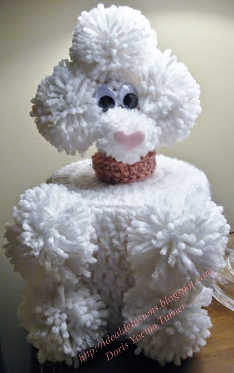 Ideal Delusions: Retro Poodle Tissue Topper - I'm thinking about modifying this for a wine bottle.....LOL Crochet Poodle Toilet Paper Cover Pattern, Crochet Poodle Bottle Cover, Crochet Toilet Paper Holder Free Pattern, Crochet Poodle Pattern Free, Toilet Roll Holder Crochet, Crochet Toilet Roll Cover, Clover Pom Pom Maker, Toilet Roll, Tissue Box Covers