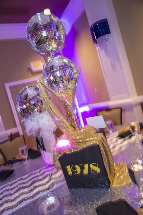 Decades Theme Centerpieces, Gold Disco Party Decorations, Studio 45 Party, Soul Train Centerpieces, Motown Theme Party Decoration, 70s Party Centerpieces Table Settings, 70s Theme Party Decorations Table Settings, Decades Party Centerpieces, 70s Theme Centerpiece Ideas