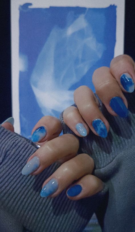 Minimal Blue Nails, Indigo Nail Art, Rm Indigo Nails, Indigo Nail Designs, Blue Watercolor Nails, New Jeans Nails Kpop, Indigo Nails Inspiration, Indigo Blue Nails, Blue Water Nails