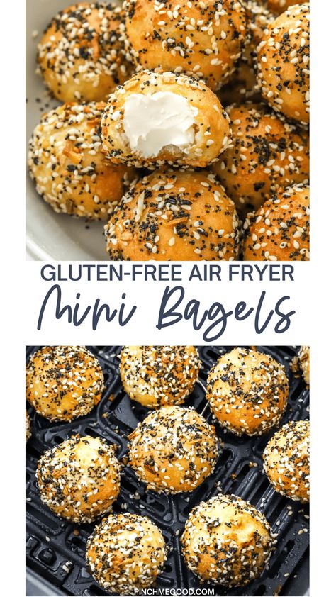 These easy homemade mini bagels are wonderfully light and fluffy bagels that your whole family will love! This is a no-yeast bagel recipe that has only 5 ingredients and cooks in about 12 minutes perfectly in the air fryer or the oven. Plus, this recipe is also gluten-free! No Yeast Bagel Recipe, Mini Bagels Recipe, Gluten Free Bagel Recipe, Deviled Eggs With Relish, Protein French Toast, Baking Recipes Healthy, Healthy Chicken Salad Recipe, Deviled Eggs Easy, Chicken Salad Recipe Easy