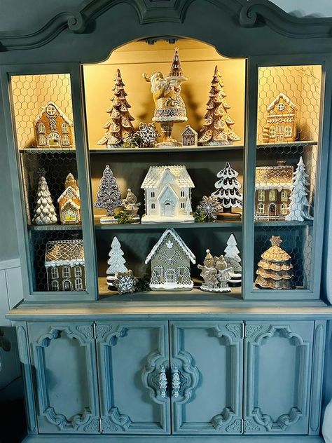 Gingerbread Christmas lovers | Wanted to share my hutch with you guys 😍 I can’t wait for Christmas | Facebook Gingerbread House Display, Christmas Hutch, Miniature Hutch, Christmas Lovers, Market Stalls, Gingerbread Christmas, The Cottage, Holiday Decorating, Hutch