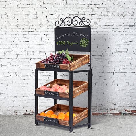 Endearing way to showcase your produce. A 3-tier farm stand display with erasable chalkboard . Burnt Wood Finish, Torched Wood, Chalkboard Stand, Chalkboard Easel, Produce Displays, Produce Stand, Large Chalkboard, Chalkboard Decor, Burnt Wood