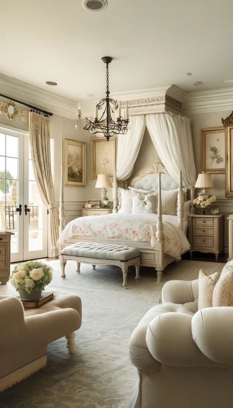 50 top items in home decor | Home decorating ideas | Sty French Provincial Master Suite, Victorian Rooms Bedrooms, Elegant Bedroom Aesthetic, French Modern Bedroom, Modern Victorian Bedroom Ideas, French Cottage Interior, French Canopy Bed, French Bedroom Design, French Style Bedroom Furniture