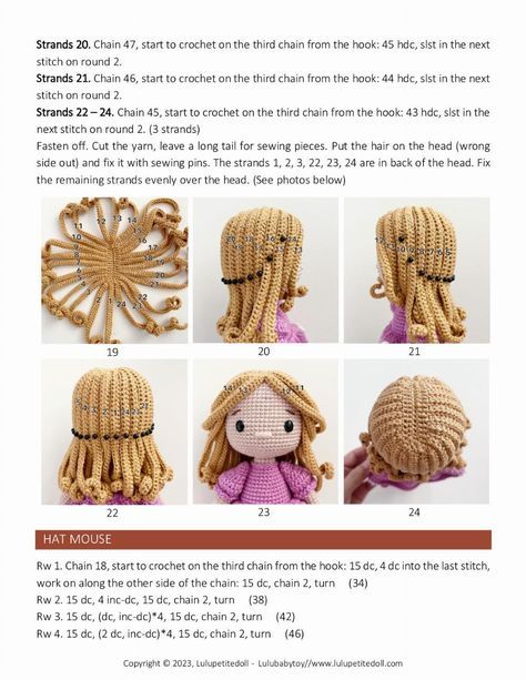 How To Crochet Doll Hair, Doll Hair Crochet, Crochet Human Doll Free Pattern, Amigurumi Hair Pattern, Crochet Hair For Dolls, Crochet Hair Doll, Crochet Doll Hair Pattern Free, Amigurumi Hair Tutorial, Amigurumi Doll Hair