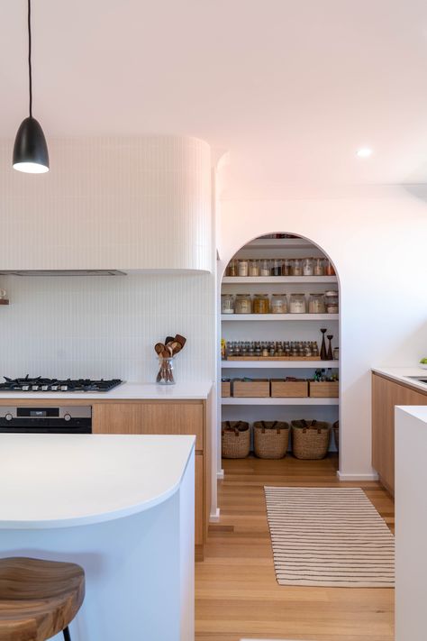 Duffy Kitchen - Scandinavian - Canberra - Queanbeyan - by ACT Renovations | Houzz AU Backsplash With Brown Cabinets, Tiled Range Hood, Interior Archway, Arch Cabinets, Copper Mosaic Backsplash, Archway Door, White Backsplash Kitchen, Interior Arches, Palm Springs Kitchen