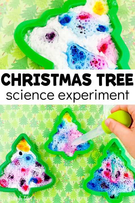 Baking Soda Christmas Tree Science Experiment | Fun-A-Day! Toddler Christmas Stem Activities, Melting Christmas Tree Experiment, Christmas Preschool Science Experiments, Christmas Science Projects, Christmas Science Experiments Preschool, Holiday Science Activities For Kids, Elf Science Experiment, Christmas Science Activities For Toddlers, Christmas Science Activities Preschool