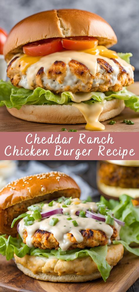 Cheddar Ranch Chicken Burger Recipe Burgers are a universally loved dish, easily adaptable, and great for all types of gatherings—from casual family dinners to BBQ parties and even weeknight meals. While beef burgers are a classic, Cheddar Ranch Chicken Burgers offer a flavorful alternative that’s both lighter and incredibly delicious. Combining the richness of melted […] Recipes With Burger Patties, Chicken Smash Burger, Chicken Parm Burgers, Best Chicken Burger Recipe, Chicken Ranch Burgers, Chicken Parm Burger, Cajun Chicken Burger, Cheddar Ranch Chicken, Chicken Burger Recipe