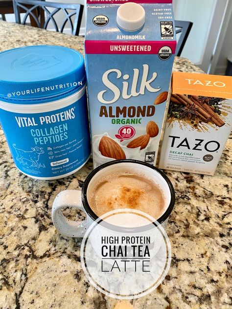 Protein Tea Drinks, Chia Tea Protein Shake, Chai Tea Protein Shake, Collagen Chai Latte, Protein Tea Recipes, Healthy Chai Tea Latte Starbucks, Ice Chai Tea Latte Recipe, Hot Protein Drinks, Protein Chai Tea Latte