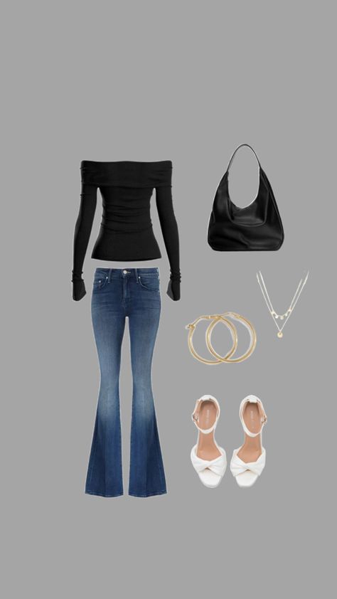 Flare Jeans Outfit Quince, Halter Top And Flare Jeans, Peplum Top With Flared Jeans, Off The Shoulder Sweater With Flare Jeans, Quince Outfits Guest, Casual Stretch Off-shoulder Foldover Top, Quince Outfits, Off Shoulder Top, Flared Jeans