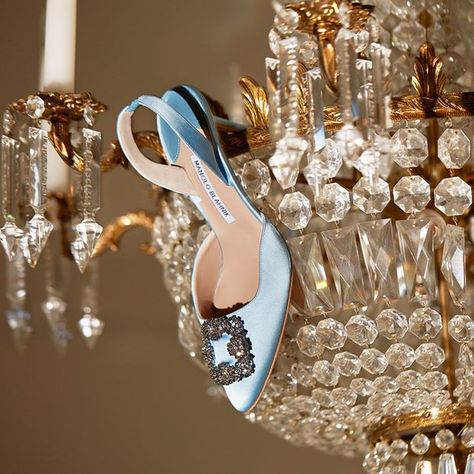 Manolo Blahnik on Instagram: “Swinging from the chandelier in high-shine #Hangisli #ManoloBlahnik #MarriedinManolos.” Blue Manolo Blahnik Shoes, Manolo Blahnik Wedding Shoes, Manolo Blahnik Blue, Manolo Blahnik Sandals, Thick Heel Shoes, Manolo Blahnik Hangisi, Crystal Heels, Blahnik Shoes, Bridal Heels