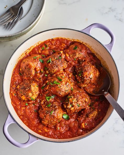 I Tried Four Popular Meatball Recipes and Found the Best One | Kitchn Excellent Meatballs Anne Burrell, Carmines Meatballs, Authentic Spaghetti And Meatballs, Best Meatballs For Spaghetti, Mortadella Meatballs, Meatballs Cooked In Sauce, Anne Burrell Meatballs, Italian Meatballs Recipe Authentic, Spaghetti And Meatball Recipes