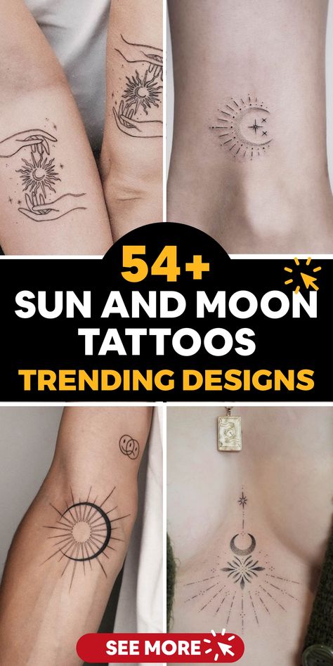 Celebrate the celestial synergy with stunning sun and moon tattoos that embody the delicate equilibrium between light and darkness within yourself. The vibrant sun denotes energy, resilience, and optimism; while the enigmatic moon reflects intuition, grace, and authority. Adorn yourself with these symbolic tattoos as a graceful tribute to the cosmic energies steering you on your path through life. Experience the exquisite balance of elements in ink as you embrace both light and shadow within you Sun Moon And Stars Tattoo Delicate, Sun And Moon Sister Tattoos, Sun Moon Tattoo Design, Sun And Moon Tattoo Design, Hanger Tattoo, Sun And Moon Tattoos, Thumb Tattoos, Moon Sun Tattoo, Sun And Moon Tattoo