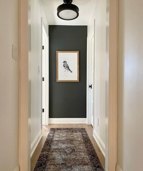 Accent Walls Hallway, Black Walls Hallway, Hallway Accent Wall, Accent Wall Hallway, Hallway Wall Ideas, End Of Hallway Decor, End Of Hallway, Hall Ways Ideas, Hallway Artwork