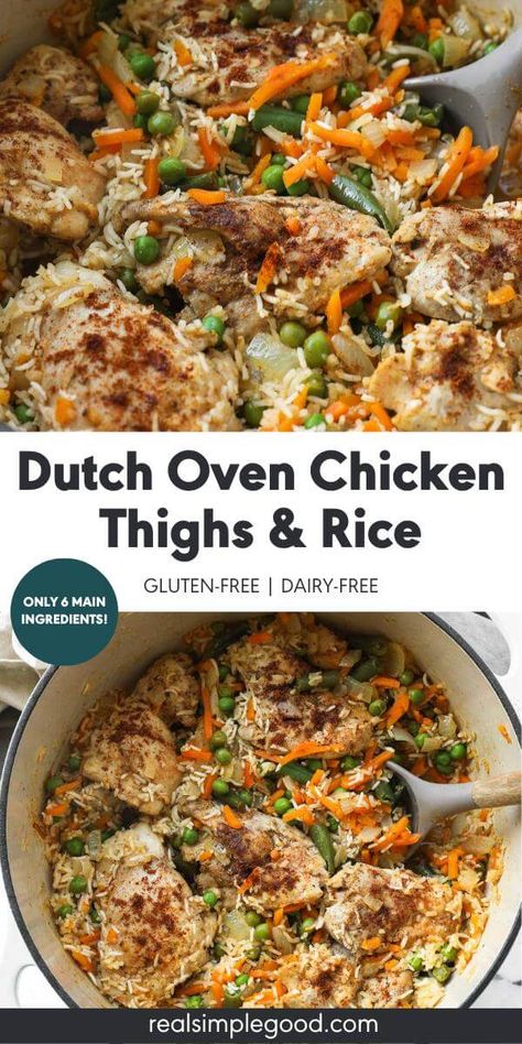 Juicy, perfectly seasoned chicken thighs combine with rice and veggies in this easy one pan dutch oven chicken and rice recipe. Only 15-minutes of active cooking time and 6 main ingredients for an easy and healthy weeknight dinner. It's seriously the best one pot chicken and rice recipe! It's great for leftovers, meal prep and freezer friendly. via @realsimplegood Chicken Thigh Recipes In Dutch Oven, Chicken Rice Dutch Oven, One Pot Dutch Oven Meals Chicken, Dutch Oven Supper Recipes, Cast Iron Dutch Oven Chicken Recipes, Chicken And Rice Dutch Oven, Dutch Oven Chicken And Rice One Pot, Dutch Oven Meal Prep, Chicken And Rice Dutch Oven Recipes