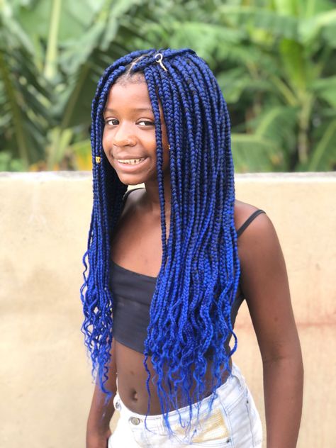 Blue Braids For Kids, Box Braids With Blue, Elegant Braided Hairstyles, Blue And Black Braids, Braids 2023, Black Braids Hairstyles, Blue Braids, Kids Box Braids, Braids And Twists