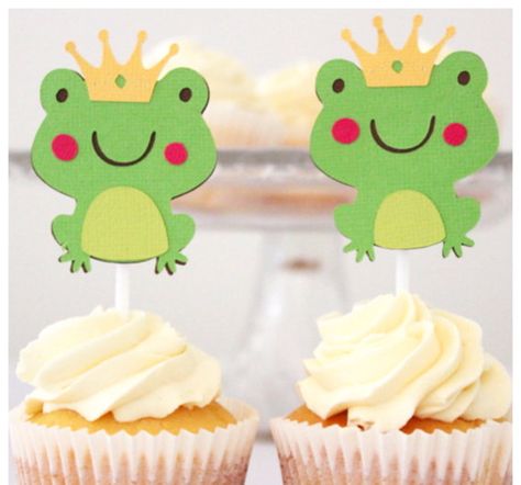 Cupcake toppers  Frog Prince Charming Princess by MyPinwheelParty Frog Cupcake Toppers, Frog Cupcakes, Baby Shower Oso, Frog Birthday Party, Frog Decor, Art Invitation, Frog Prince, Baby Shower Banner, Birthday Surprise