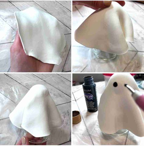 Easy Air Dry Clay Ghost for Halloween Air Dry Clay Ghosts Tutorial, Ghost Clay Ideas, How To Make Clay Ghost, Model Magic Ghost, Air Dry Ghost, Air Dry Clay Mini Ghosts, Clay Ghosts Diy Tutorial, Air Dry Clay Ghosts Diy, Craft With Air Dry Clay